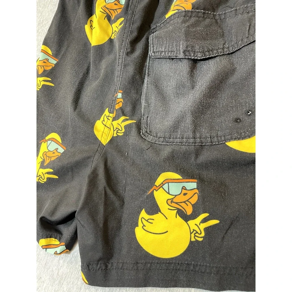 Neff Swim Shorts Mens M Black Yellow Duck Peace Sign Graphic Boardshorts